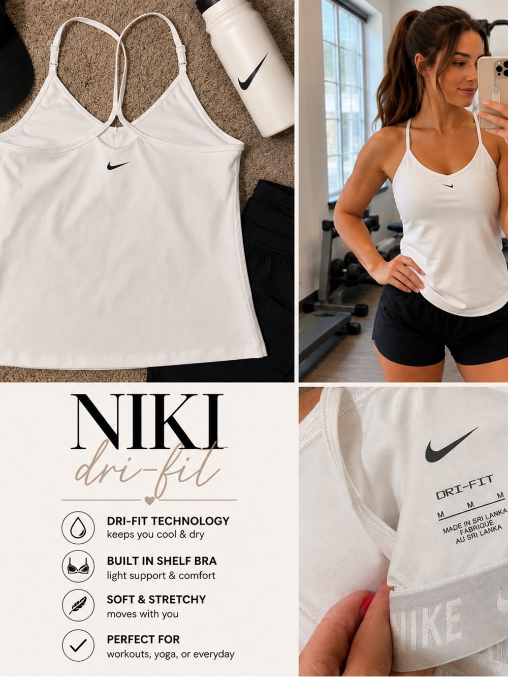 Nike White Women’s Dri-FIT Camisole Tank with Shelf Bra